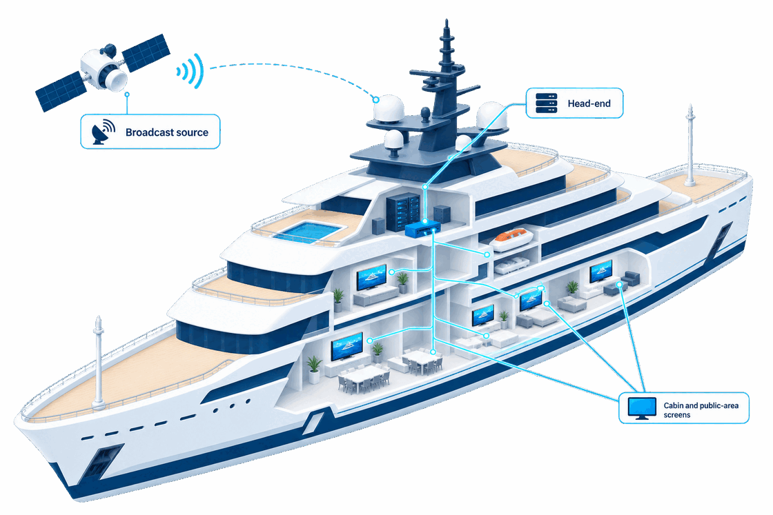 Cutaway of a vessel: broadcast signal received at the antenna, passed to the onboard head-end and redistributed to cabin and public-area screens