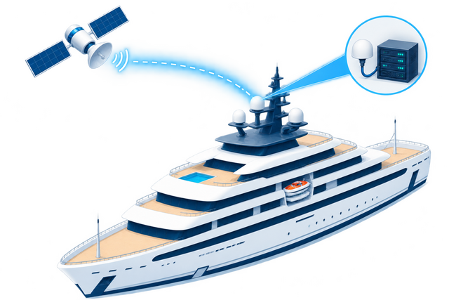 A satellite signal reaching the vessel antenna and passing to the onboard head-end rack