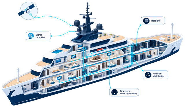 Cutaway of the vessel: a satellite signal received at the antenna, passed to the head-end, and carried by the onboard distribution network to TV screens in cabins and public areas