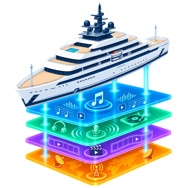 The vessel resting on four stacked layers of rights: musical works, neighbouring rights, audiovisual works and broadcast rights
