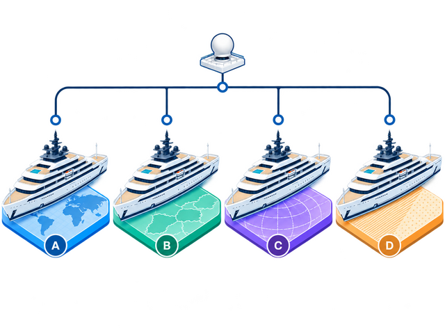 The same vessel shown four times, each on a different territorial framework, fed from one shared signal